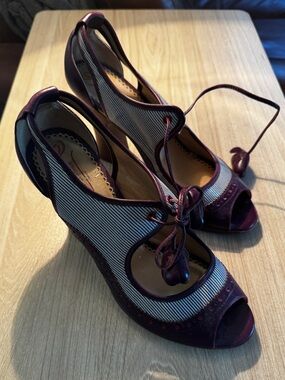 Burgundy and White Peep-Toe Lace-Up Heels by Poetic Licence